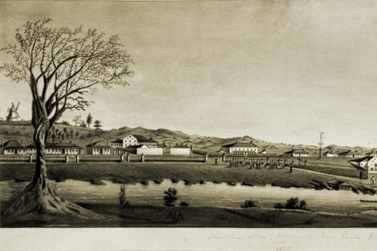 Image of a watercolour painting of Moreton Bay Settlement New South Wales in 1835