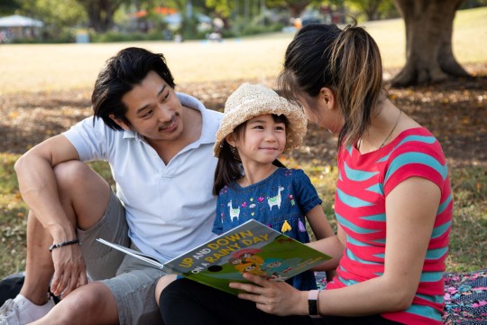 Father and mother reading book with daughter in park