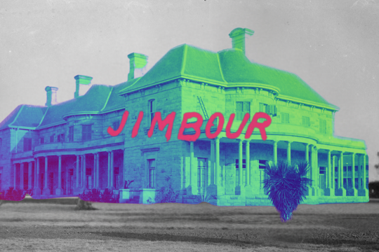 A historic mansion with columns, covered in vibrant green and blue, stands prominently. The word "JIMBOUR" in bold, red letters overlays the image. The building features multiple chimneys and a large porch, surrounded by sparse trees and a grassy area.