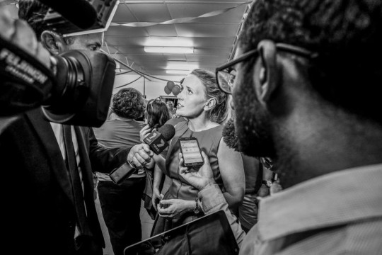 Journalists interview Kate Jones on election night in Ashgrove, Brisbane 2015