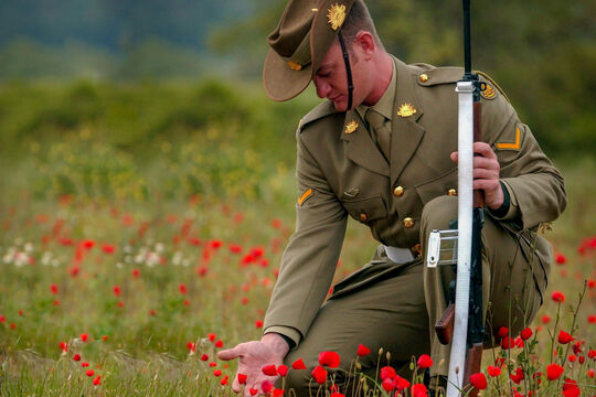 Lance Bombardier Greg Meller picks a poppy following the Anzac Day Dawn Service at Gallipoli, 2004.