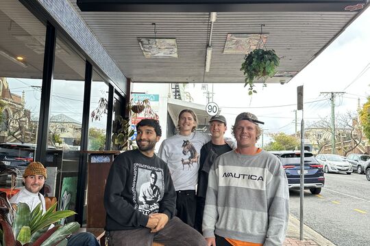 Friends and staff of Middle Store, including owner Daniel Vincent with Riley Short, Nick Dale, Daniel Gunther and Matt ‘Jobbo’ Jobbson. At West End. August 2025. Photograph by Dr Indigo Willing.