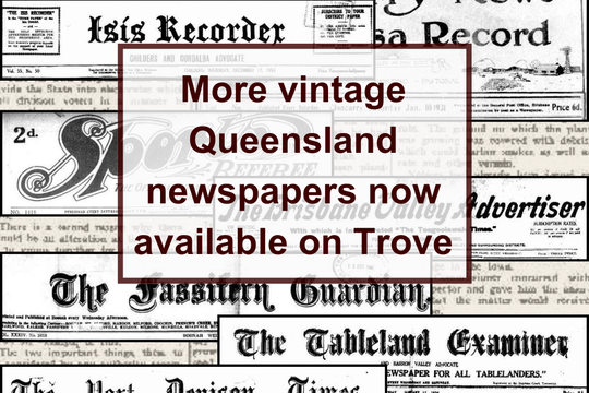 The image is a collage-style graphic made up of vintage Queensland newspaper mastheads arranged in overlapping layers.