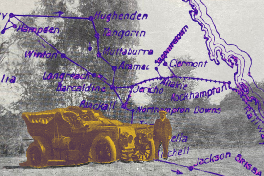 A vintage image of an early 20th-century car with a man standing beside it, overlaid with a purple map of Queensland, Australia. Various towns such as Cloncurry, Boulia, Longreach, and Rockhampton are connected by lines, highlighting a network or possible route. The background features trees and open land.