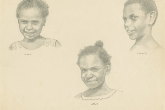 Pencil drawings of the heads and shoulders of three children