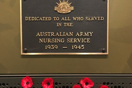 Memorial plaque dedicated to the Australian Army Nursing Service with poppies added below.