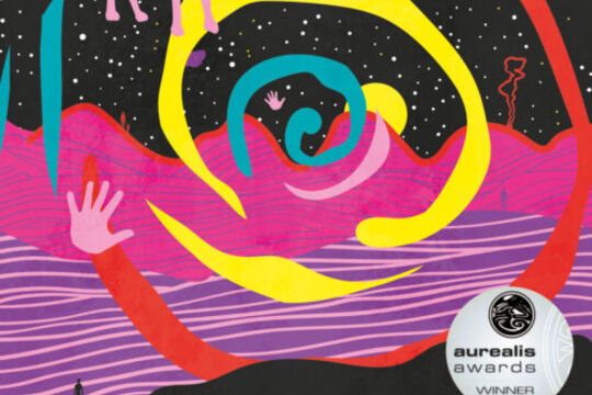 Three dingoes against a starry sky and above purple and pink landscapes