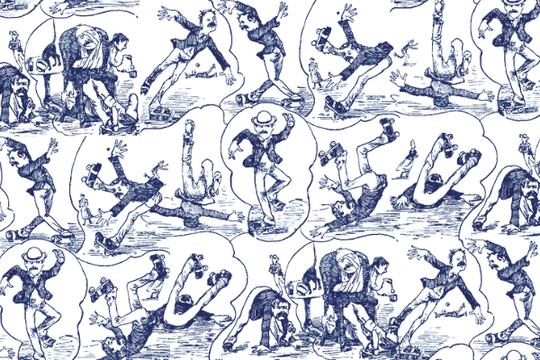 Vintage-style illustration showcasing humorous, exaggerated figures rollerskating in various dynamic, animated poses. The blue line art on a white background adds a lively, playful tone.