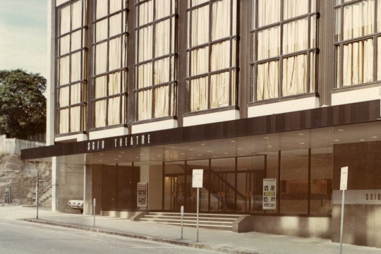 View of the SGIO Theatre [architects Conrad Gargett] from Turbot Street, Brisbane, c.1978.