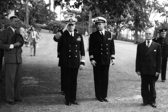 Black and white photograph of Fleet Admiral William T. Halsey and Commander W.J. Kitchell at the Coral Sea Service 
