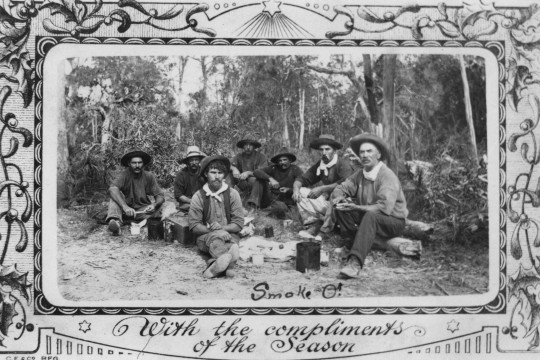 Tea break for the workers in the bush, Christmas post card, ca. 1905, Photographer: Unidentified, Brisbane John Oxley Library, State Library of Queensland. Negative number: 95540.