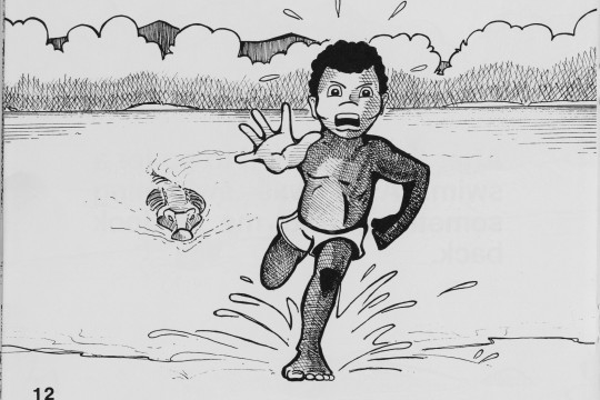 Boy being chased by a crocodile from the children's book, The crocodile, by Gregory Omeenyo.