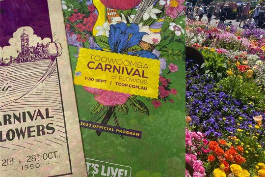 Composite image of Toowoomba Carnival of Flowers programs and a garden display