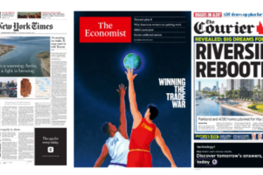 Collection of newspaper covers: The Australian, Newsweek, The New York Times, The Economist, The Courier Mail, China Daily, Wired.
