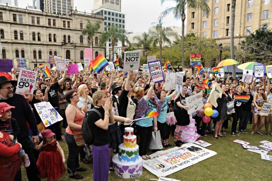 Demonstrators return to Queen's Park after march for Marriage Equality Rally in Brisbane, 2011