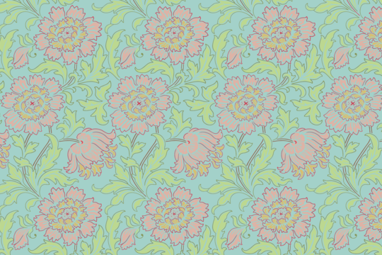 Reconstructed wallpaper pattern ‘Rinaultrie’, Colourway C, digital drawing by Anna Rowe. Colours inspired by Furnishing fabric, 1903, Steiner & Co, 1903, Accession number: T.171-1957, V&A Museum, London. (8)
