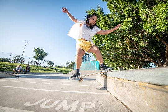 Dr Indigo Willing. We Skate QLD co-founder. West End Skatepark in 2023. Photography by Peter Sondergaarde.