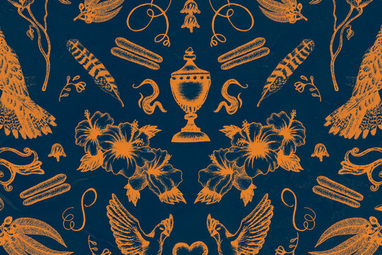 Illustrated pattern featuring birds, flowers and symbolic objects.