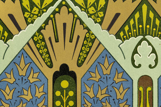 Art Deco–style decorative pattern with geometric arches and stylised floral motifs in green, blue, and gold.