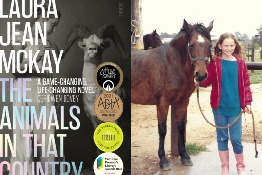 Book cover of The Animals in that Country beside a photo of a girl and a horse