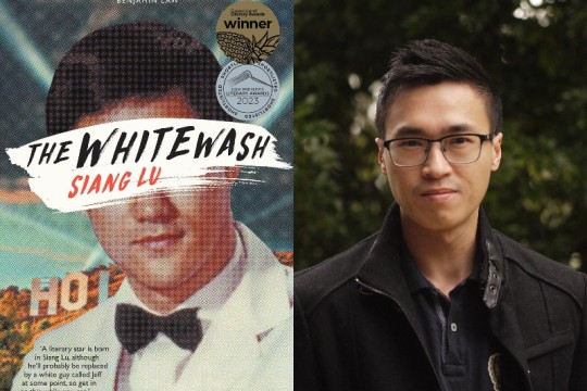 Composite image of The Whitewash book cover showing a man in a white tuxedo, and a photo of Siang Lu who is in glasses and a black jacket
