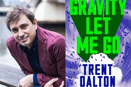 Composite image comprising photo of Trent Dalton wearing a maroon blazer plus the cover of his book, Gravity Let Me Go