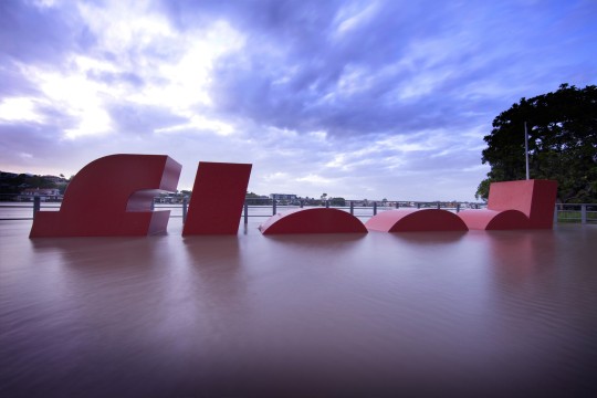 Flood sign at the Brisbane Powerhouse being inundated by flood waters at New Farm, 2011