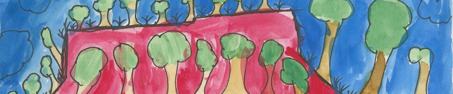 Child's artwork of trees with a virbrant colour.