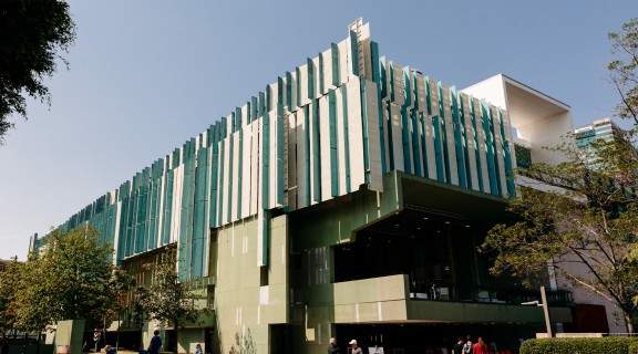 An image taken from outside State Library of Queensland on a blue, clear day.