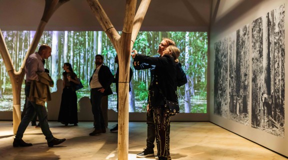 Timber pavilion at the opening night of Purpose built 2023, photograph by Katie Bennett.