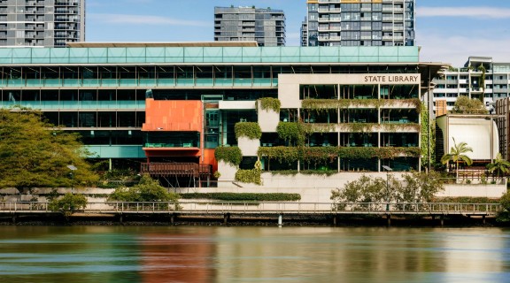 View of the exterior of the State Library building from the Brisbane River.