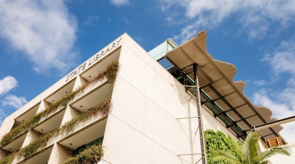 Exterior of State Library building.