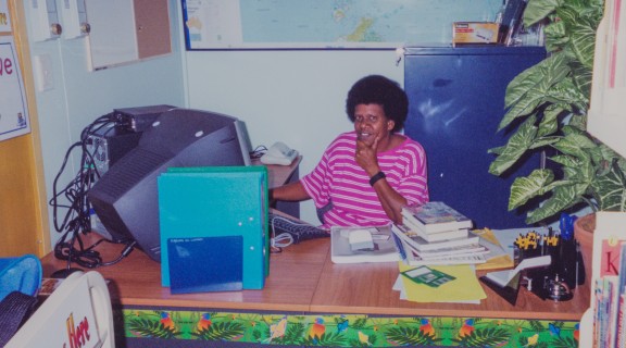 Ruth Whap (Library Administrator) accessing the Aurora system at the newly opening Mabuiag IKC, 2002 Photographer unknown