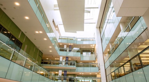 View from the ground floor up into the atrium in the State Library building.