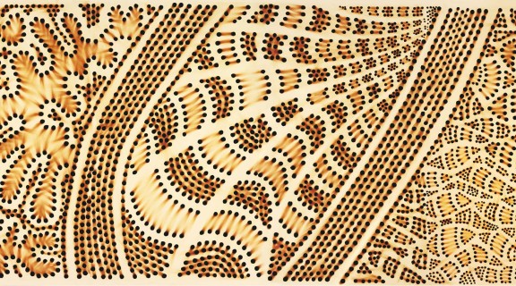 Kurilpa Country, an original artwork created by Lilla Watson. An intricate wood burning dotwork artpeice depicting a bend of the Brisbane River.