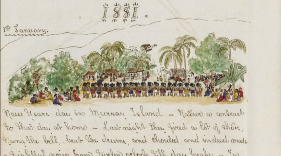 Hand painted drawing of people on Murray Island assembling together