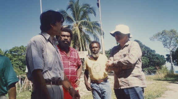 4 men including Eddie Mabo at ANZAC Park, Mer Island, May 1989