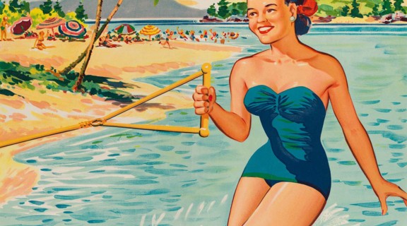 Drawing of a woman in a blue bathing suit waterskiing at Lindeman Is. Great Barrier Reef, ca. 1940