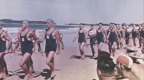 Parade at a surf carnival on a Gold Coast beach in the 1940s
