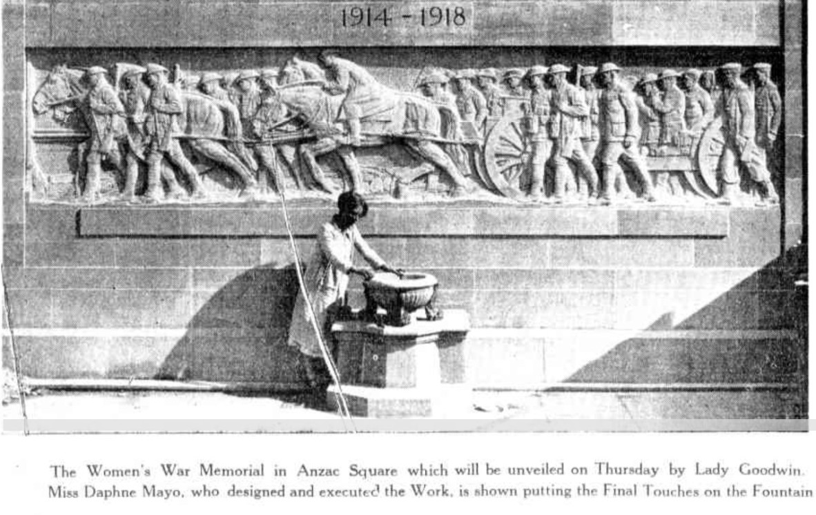 Black and white image of a woman standing in front of the Women's Memorial at Anzac Square in 1932, published in the newspaper "The Telegraph", 23 Mar 1932, p. 10.