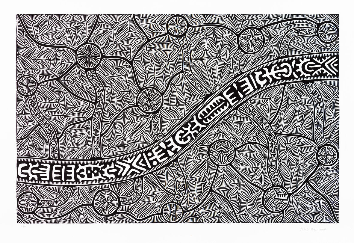 Vinyl cut printed in black ink from one block by Billy Missi. Constellation and Kinship.