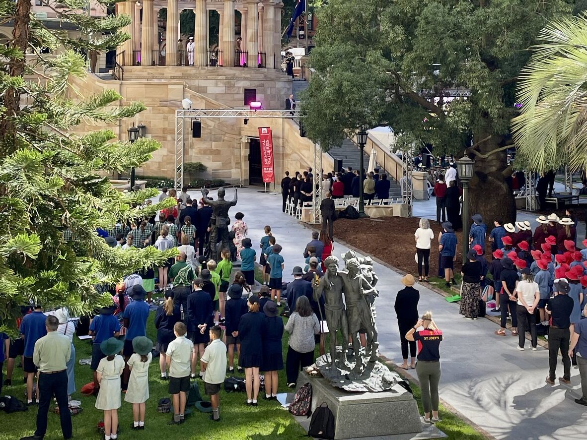 Students outside Anzac Square for Anzac Day