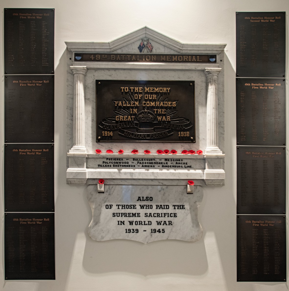 The 49th Battalion plaque and honour rolls at Anzac Square Memorial Galleries.