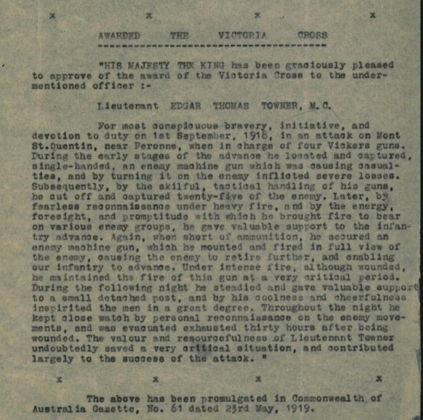 Victoria Cross citation for Edgar Thomas Towner