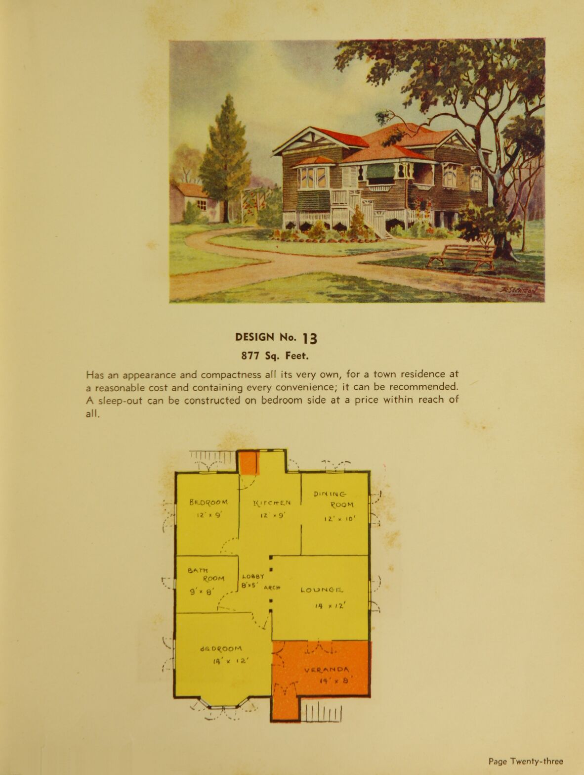 Colour page from 99 everyday homes for Queenslanders showing a sketch and plan for a Queensland home