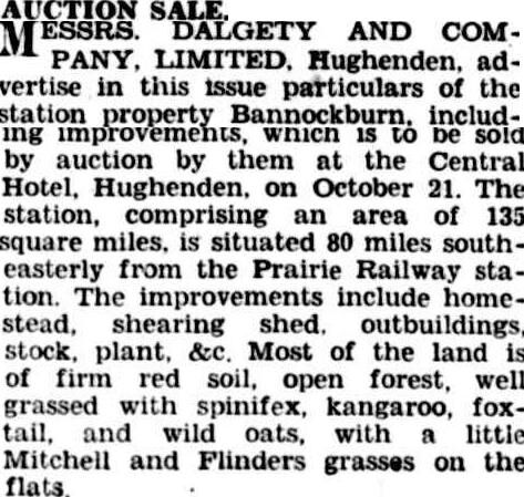 Newspaper article on the auction sale of Bannockburn station in 1933.