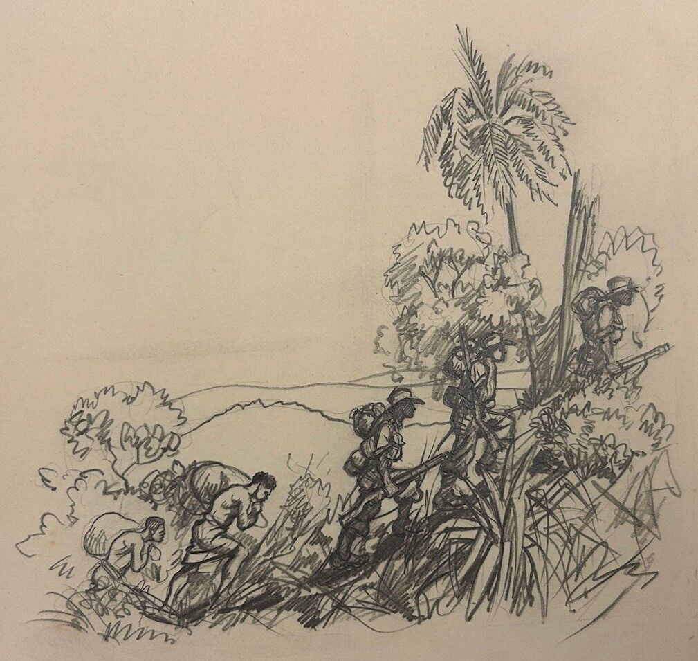 Australian soldiers and N.G. natives carrying rifles and packs, pencil, James Wieneke