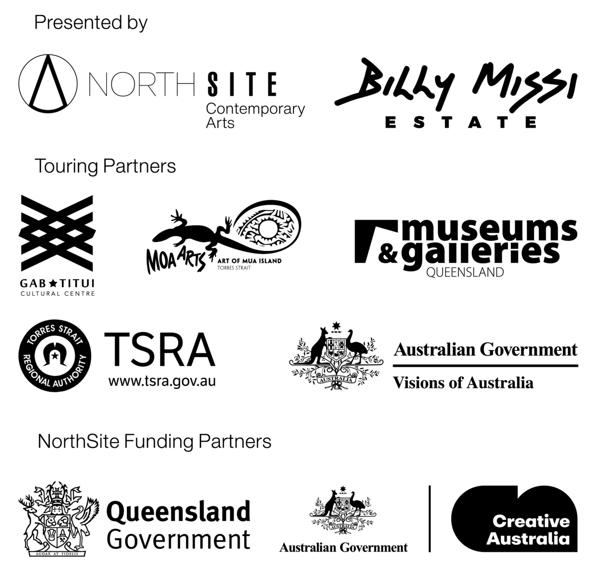 Logos of contributing artists, partners, and organisations including Billy Missi.