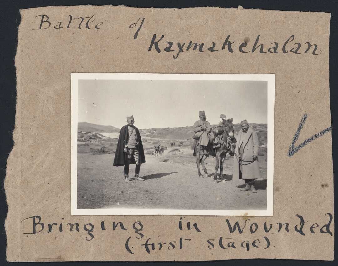Members of the Serbian Army bringing in wounded after the battle of Kaymakchalan, Macedonia, Serbia, during World War I.