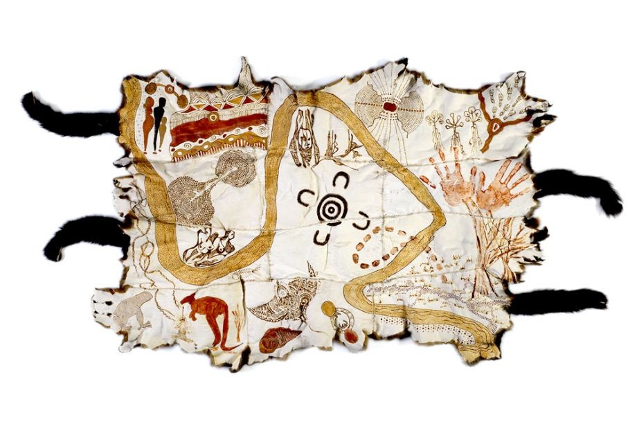Brisbane Aboriginal Community, Brisbane River Cloak, 2016, natural ochre, binder, thread on possum skins